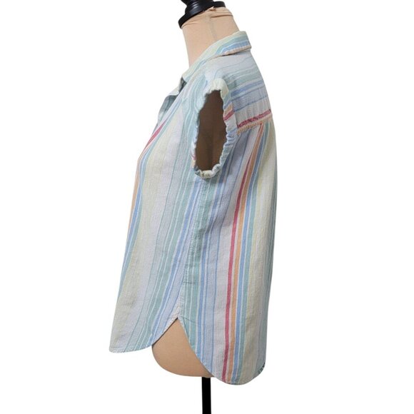 LOFT Outlet Size XS Washed Multi Color Striped Button Down Short Sleeve Shirt - Picture 3 of 11
